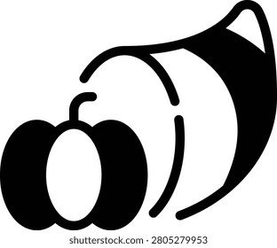 A detailed cornucopia icon filled with various fruits and vegetables, symbolizing abundance and gratitude during the Thanksgiving holiday. Ideal for seasonal decorations and festive materials.