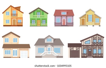 Detailed cottage or country houses. Home facade with windows, doors and terrace