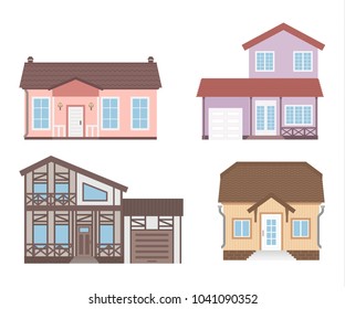 Detailed cottage or country houses. Home facade with windows, doors and terrace