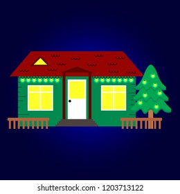 Detailed cottage house, green, red roof, yellow windows, Christmas lights decorations, New Year tree, fence. Flat style modern rural building. Vector architecture illustration on blue background