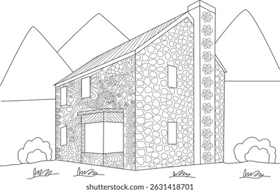 Detailed Countryside House Adult Coloring Page, Hand-drawn black and white line art illustration of a charming countryside house with intricate zentangle-style patterns on its walls and chimney. The