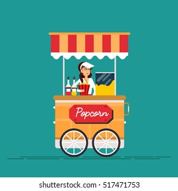 Detailed creative vector illustration on street food vending cart with popcorn machine and with seller. Young couple buy popcorn.