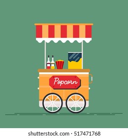 Detailed creative vector illustration on street food vending cart with popcorn machine