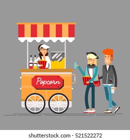 Detailed creative vector illustration on street food vending cart with popcorn machine and with seller. Young couple buy popcorn.