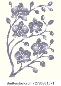 A detailed cross stitch pattern featuring a delicate orchid branch with blooming flowers and buds, designed in a classic embroidery style on a light background.