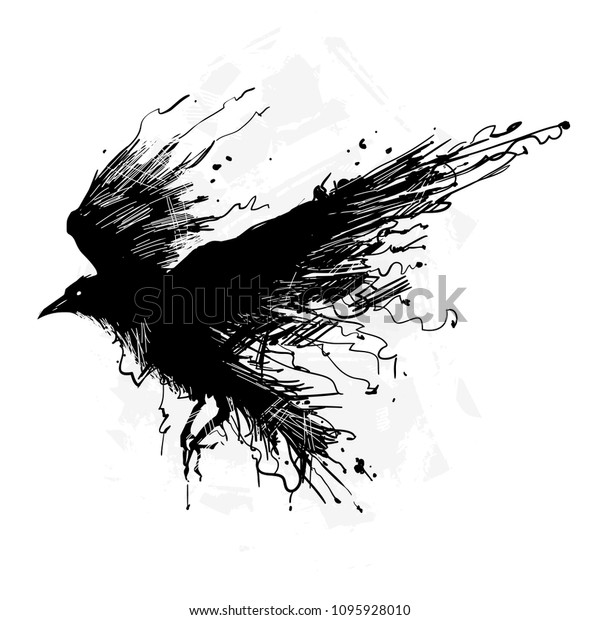 Detailed crows\
painted in ink on a white background. Crow wings, grunge. A\
detailed raven with wings. Shades of\
gray.