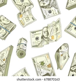 Detailed currency banknotes or american Franklin Green 100 dollars or cash and coin. engraved hand drawn in old sketch style, vintage money bill icons. Seamless pattern. Bag or purse of gold.