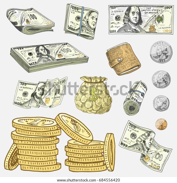 詳細な通貨紙幣 または米国のフランクリン グリーン100ドル または現金と硬貨 古いスケッチスタイルで描かれた彫刻された手 ビンテージのお札のアイコン 米国の財政的成功 金の袋か財布 のベクター画像素材 ロイヤリティフリー