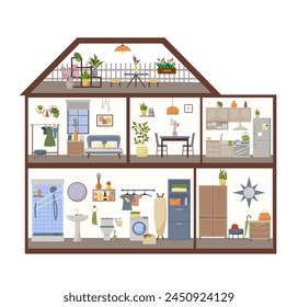 Detailed cutaway doll house with furniture. Detailed plan of the house inside. Hallway and kitchen, bedroom and living room. Bathroom. Veranda with flowers. Flat style. Vector.