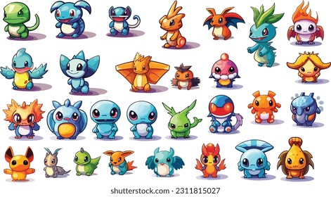 Detailed Cute Cartoon Creatures Icon Set: Whimsical Vector Icons on White Background