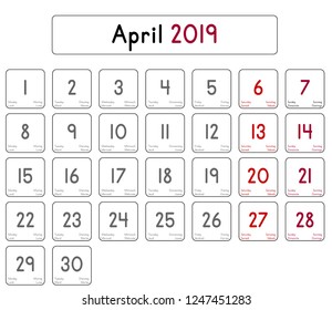 Detailed daily calendar of the month of April 2019
