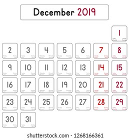 Detailed daily calendar of the month of December 2019
