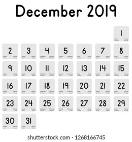 Detailed daily calendar of the month of December 2019