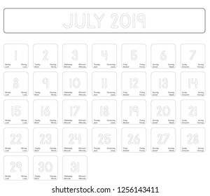 Detailed daily calendar of the month of July 2019