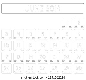 Detailed daily calendar of the month of June 2019