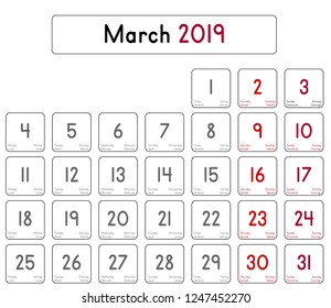 Detailed daily calendar of the month of March 2019