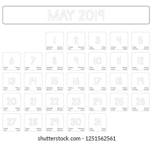 Detailed daily calendar of the month of May 2019