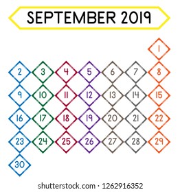 Detailed daily calendar of the month of September 2019