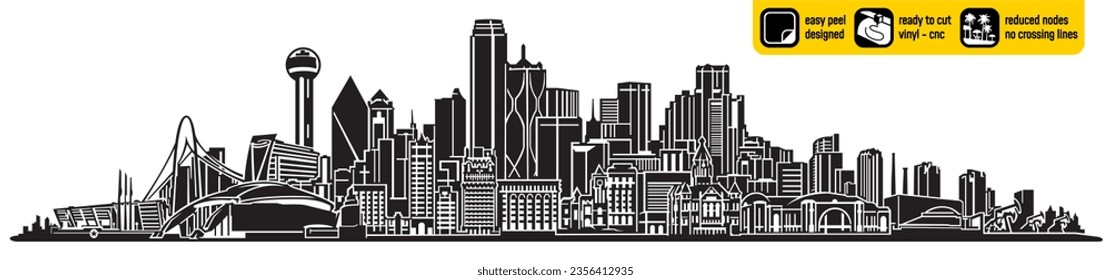 Detaillierte Skyline-Vektorgrafik von Dallas, Texas USA für Vinyl-Schneiden. Wahrzeichen in einem einzigen Design-CC-Plasma. Vinyl-fertiges Design. Wandaufkleber. Die Wand stürzt ab. Schwarz-Weiß-Silhouette.