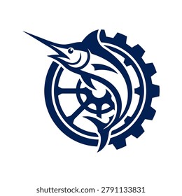 Detailed dark blue logo combining a swordfish, a ship steering wheel, and a gear, ideal for marine engineering or fishing industries.