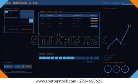 A detailed, dark mode, futuristic vector illustration of a user interface screen displaying complex operational data, including cargo manifest, system status.