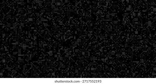 Una textura oscura detallada presenta un patrón complejo y no repetitivo de Formas grises Pequeñas y geométricas sobre un fondo negro, creando una estética de superficie digital sofisticada y de alta tecnología.