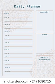 Detailed day planner with mandala design. Includes sections for date, hourly schedule, reminders, notes, and daily affirmations.