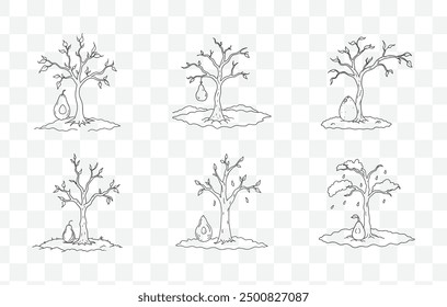 Detailed Dead Avocado Tree Line Art Vector Illustrations Set with Botanical Design Elements