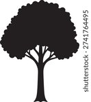 Detailed deciduous tree silhouette with thin branches and bushy crown. Black vector tree icon isolated on white background for landscape design, nature conservation, and outdoor branding.