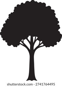 Detailed deciduous tree silhouette with thin branches and bushy crown. Black vector tree icon isolated on white background for landscape design, nature conservation, and outdoor branding.