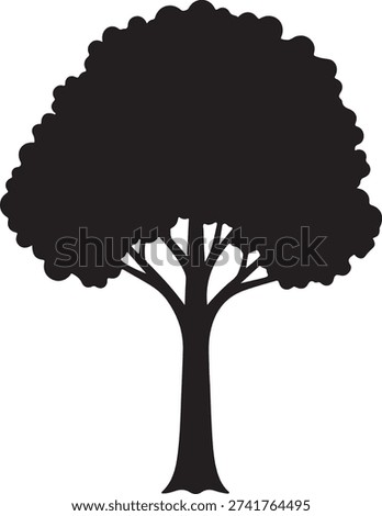 Detailed deciduous tree silhouette with thin branches and bushy crown. Black vector tree icon isolated on white background for landscape design, nature conservation, and outdoor branding.