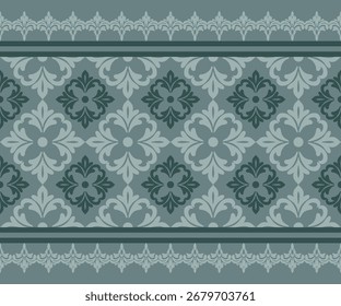 A detailed decorative pattern features floral and geometric elements. It uses a elegant color palette