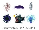 Detailed deep sea ecosystem vector set containing corals seaweeds scary anglerfish sea cucumber and monster eye.