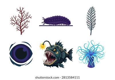 Detailed deep sea ecosystem vector set containing corals seaweeds scary anglerfish sea cucumber and monster eye.