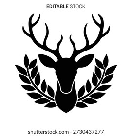 A detailed deer head design, framed by laurel leaves in a bold silhouette style.
