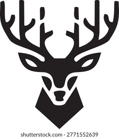 Detailed deer head vector graphic featuring intricate antler patterns. Perfect logo design for nature camping or hunting apparel brands. Symmetric majestic buck symbol in black and white.