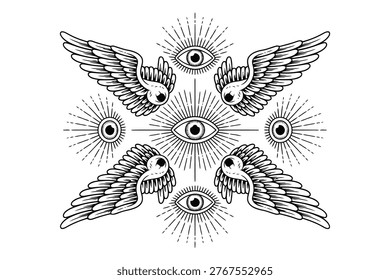 Detailed depiction of a celestial being with multiple eyes, large feathered wings, and radiating light. Biblical angelic art.