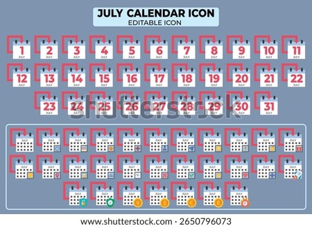 Detailed depiction of the full month of July, with editable calendar icons and various visual