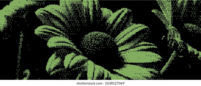 A detailed depiction of a green flower with textured petals and central bloom, showcasing artistic creativity. . Bitmap overlay bg with pixel effect 