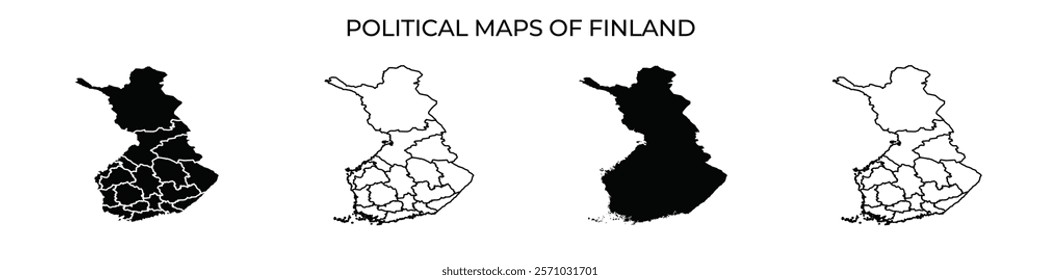 Detailed depiction of political maps of Finland highlighting various administrative regions, illustrating boundaries and divisions across the country through a series of maps.