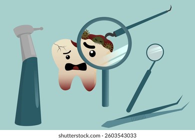 Detailed Depiction of Tooth Decay with Bacteria and Dentist Instruments – Perfect for Oral Hygiene Campaigns