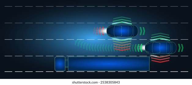 Detailed depiction of vehicle detection and lane change technology on a digital interface during nighttime conditions