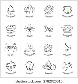Detailed description diaper, pants icon set. Vector element isolated on white background. Perfect for showing the diaper, its main parts and benefits. EPS10.	
