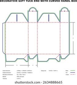 Detailed design diagram of a tuck end box with curved handle for gift packaging