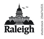 A detailed design featuring the historic North Carolina State Capitol building set against the modern Raleigh skyline, blending historic architecture and contemporary urban elements.