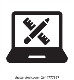 A detailed design featuring a laptop computer, accompanied by a ruler and pencil. The image is rendered in a clean, professional style, suitable for various applications.