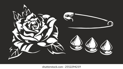 A detailed design showcases a rose with intricate leaf patterns alongside a large safety pin and three spike-like shapes.