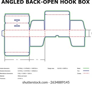 Detailed diagram of an angled back open hook box packaging design template