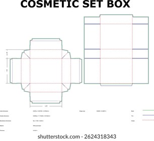Detailed diagram of a cosmetic set box diecut pattern featuring precise measurements and fold lines for packaging and product presentation.