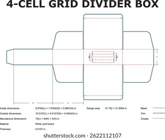 Detailed diagram and cut lines for a four cell grid divider box showing dimensions and manufacturing specifications for packaging design.
